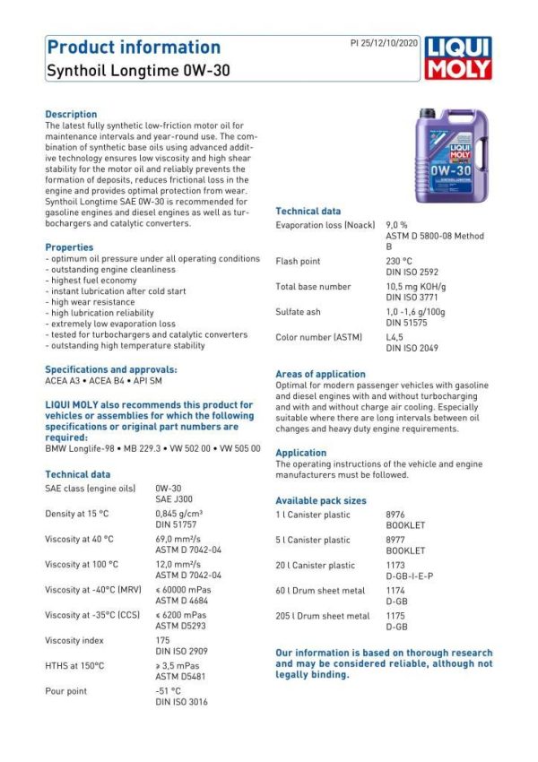 Liqui Moly Synthoil Longtime 0W-30 Motor Yağı 5 Litre 8977 - Görsel 3
